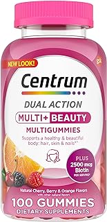 Centrum MultiGummies Multi+ Beauty Dual Action Multivitamin, Specially Designed with Biotin for Healthy Hair, Skin and Nails, Cherry/Berry/Orange Flavors - 100 Count