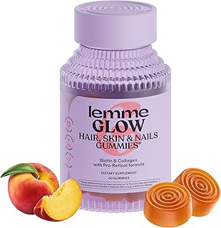Lemme Glow Collagen Gummies for Thick Hair, Strong Nails & Healthy Skin with Multi-Collagen Peptides, Biotin, Trace Minerals, Zinc, Vitamins A, C & E, Dairy & Gluten Free, Peach Flavor, 60 ct.