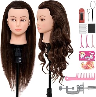 Neverland Beauty & Health 28Inch 60% Real Hair Mannequin Head,Doll Head for Hair Styling Braiding Curling,Cosmetology Mannequin Head with Hair with Table Clamp Hair Styling Set(Dark Brown)
