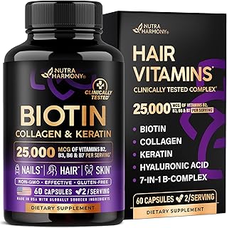 Biotin | Collagen | Keratin - Clinically Tested Supplement - Hair Growth Support, Skin & Nails - 25000 mcg Vitamins B2, B3, B6 & B7 + B1 & Hyaluronic Acid - Made in USA - Women & Men | 60 Capsules