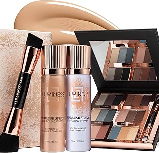 LUMINESS Airbrush Flawless 4-PC Makeup Kit - Includes Eyeshadow Palette, Airbrush Foundation, Primer & Makeup Brushes - Long-Lasting, Silky, Easy to Blend Make Up Set, Travel Size (03 - Light Medium)