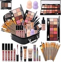 All in One Makeup Kit for Makeup storage bag 2X14 Colors Eyeshadow Palette Liquid Foundation Eyeliner Pencils Contouring Stick Lip Gloss 20Pcs Makeup Brushes For Women Girls Teens (Black)