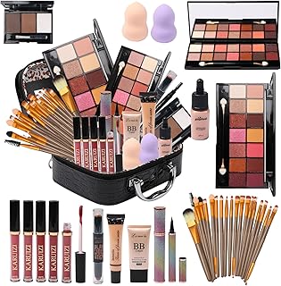 All in One Makeup Kit for Makeup storage bag 2X14 Colors Eyeshadow Palette Liquid Foundation Eyeliner Pencils Contouring Stick Lip Gloss 20Pcs Makeup Brushes For Women Girls Teens (Black)