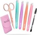 6 PCS Tweezers Set for Women, Eyebrow Tweezers with Curved Scissor for Ingrown Hair, Hair Plucking Daily Beauty Tools with Leather Travel Case