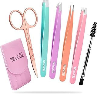 6 PCS Tweezers Set for Women, Eyebrow Tweezers with Curved Scissor for Ingrown Hair, Hair Plucking Daily Beauty Tools with Leather Travel Case
