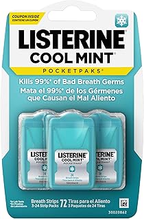 Listerine Cool Mint PocketPaks Portable Breath Strips for Bad Breath, Fresh Breath Strips Dissolve Instantly to Kill 99% of Bad Breath Germs* On-The-Go, Cool Mint, 24-Strip Pack, 3 Pack