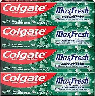 Colgate Max Fresh Whitening Toothpaste with Mini Strips, Clean Mint Toothpaste for Bad Breath, Helps Fight Cavities, Whitens Teeth, and Freshens Breath, 6.3 Ounce (Pack of 4)