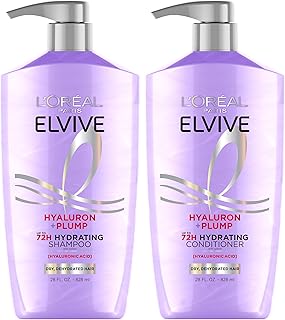 L'Oreal Paris Elvive Hyaluron Plump Shampoo and Conditioner Set for Dehydrated, Dry Hair with Hyaluronic Acid Care Complex, 1 Kit (2 Products)