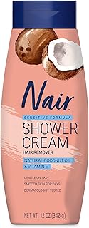 Sensitive Shower Cream Hair Remover with Natural Coconut Oil and Vitamin E, Body Hair Removal Cream, 12 oz